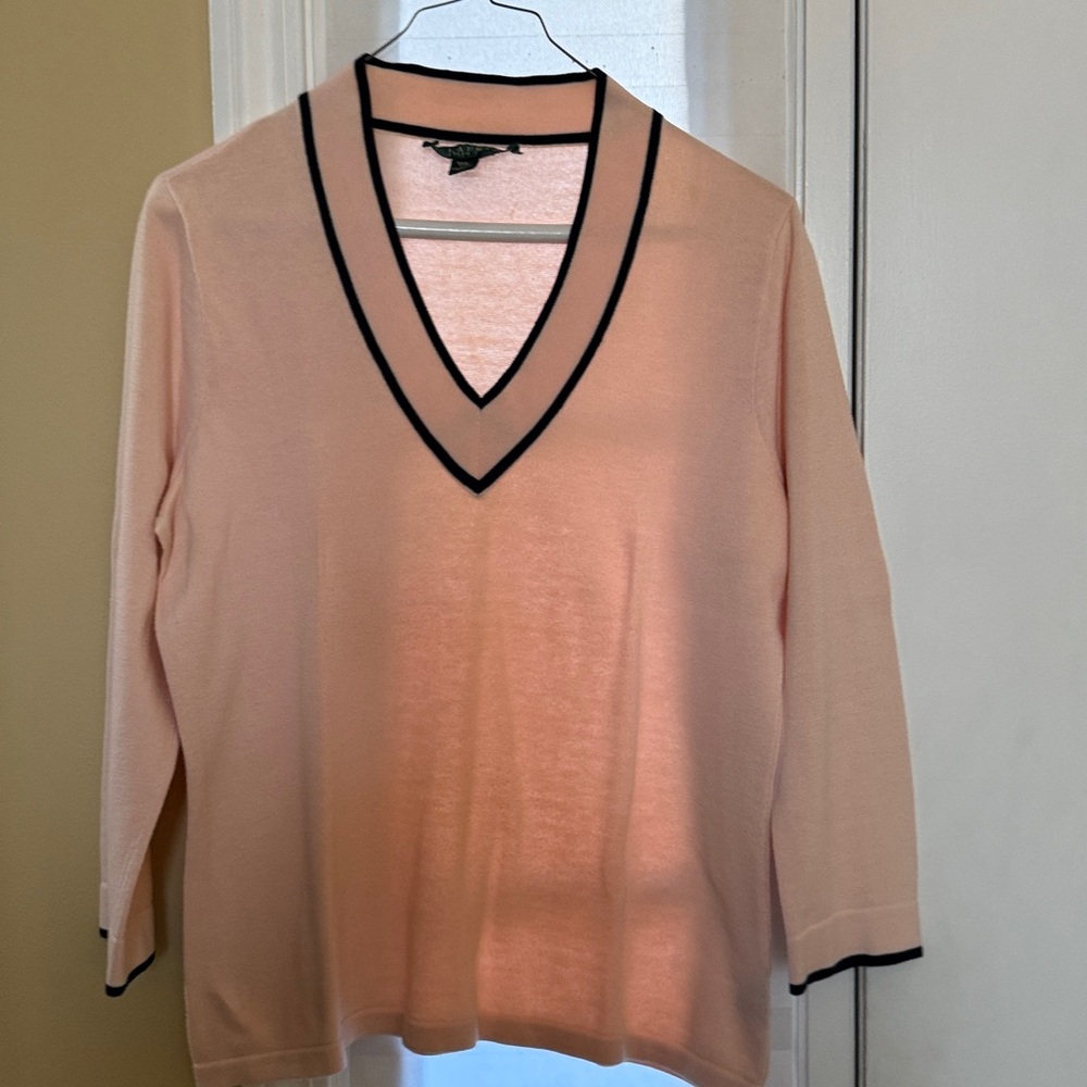 Pink V-Neck Sweater with Navy Trim